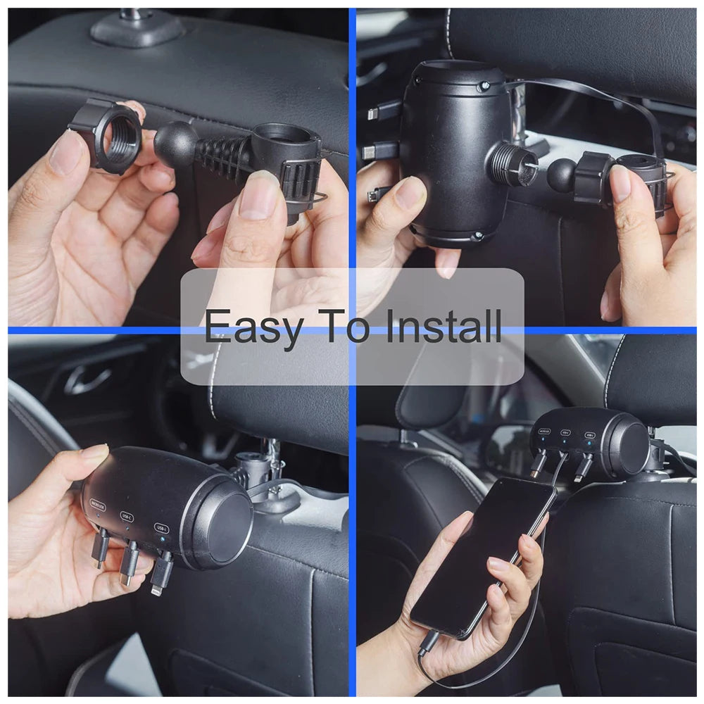 Multi Retractable Backseat Car Charger Headrest Fast Charging Adapter USB-C Android Apple for iPhone Samsung Notebook Accessory