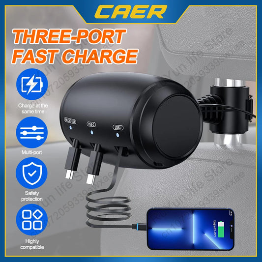 Multi Retractable Backseat Car Charger Headrest Fast Charging Adapter USB-C Android Apple for iPhone Samsung Notebook Accessory