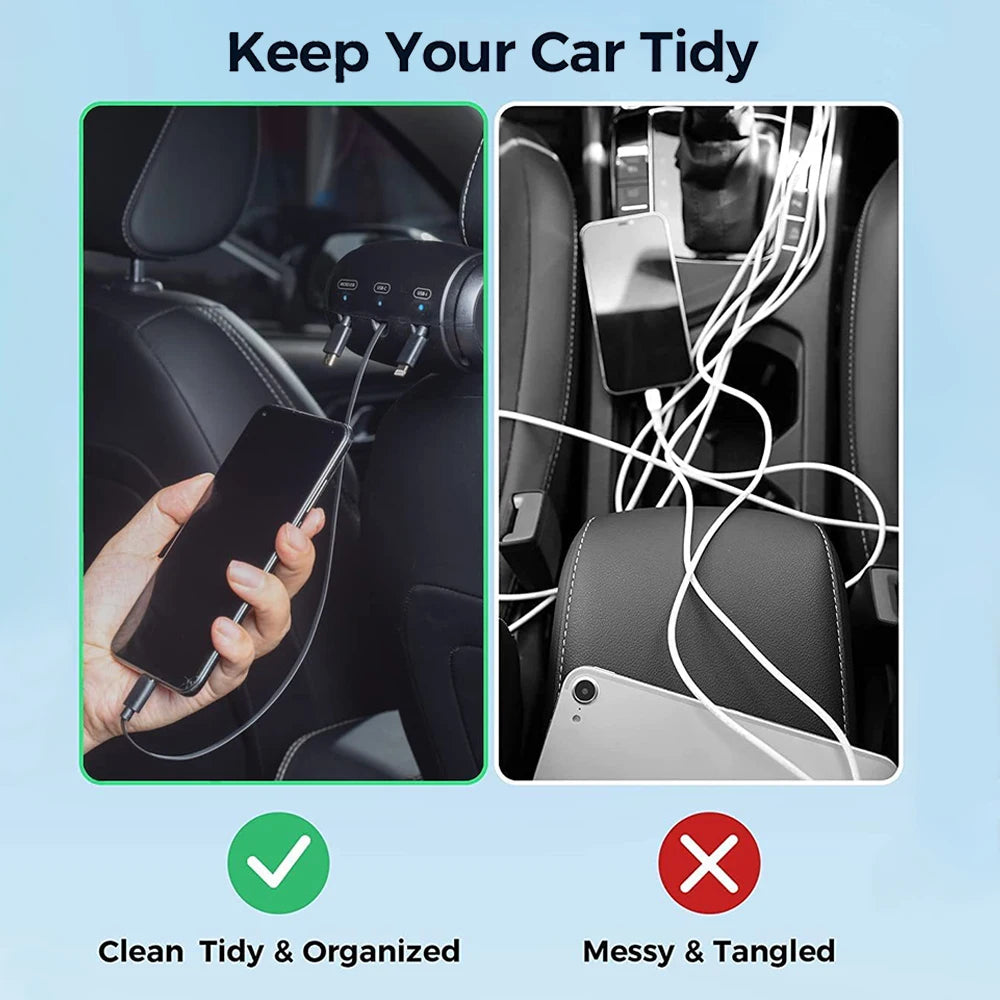 Multi Retractable Backseat Car Charger Headrest Fast Charging Adapter USB-C Android Apple for iPhone Samsung Notebook Accessory