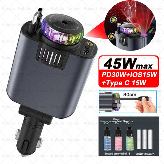 Car Aromatherapy Fast Charger 45W | Retractable Cable & Starry Light Diffuser