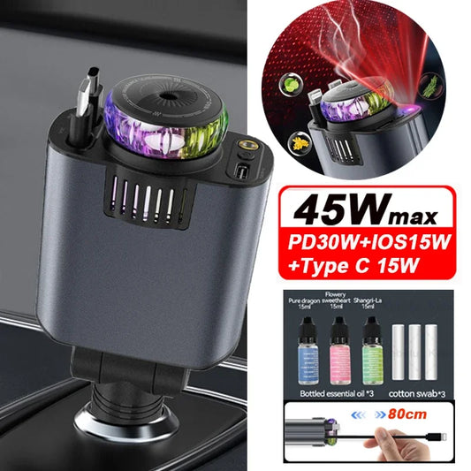 Car Aromatherapy Fast Charger 45W | Retractable Cable & Starry Light Diffuser